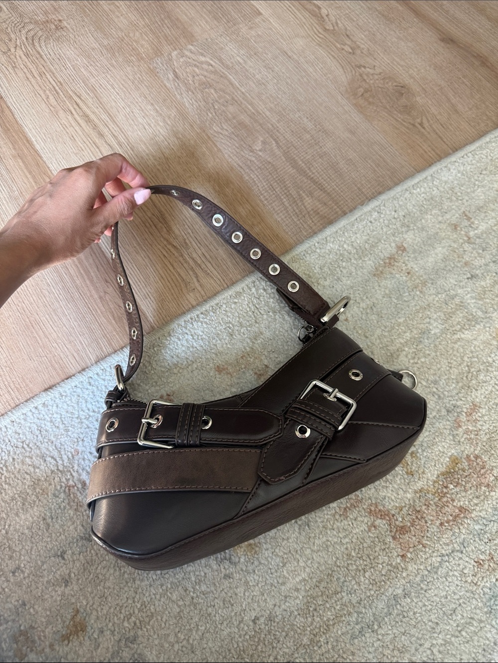 Brown Faux Leather Shoulder Bag with Buckle Accent